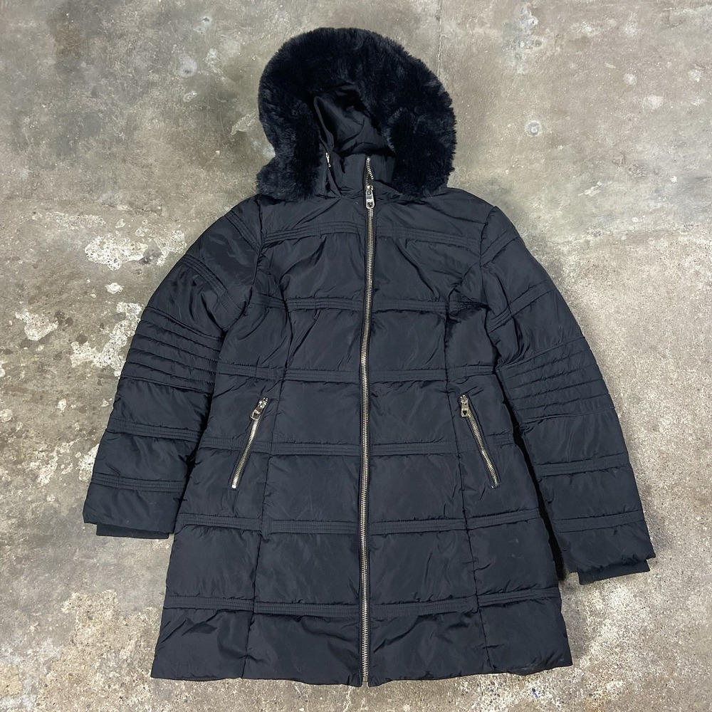 GUESS Quilted Puffer Coat Womens Size Large Black Faux Fur‎ Hood Full Zip Jacket